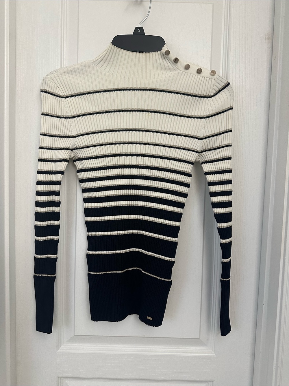 Ted Baker Striped Ribbed Mock Neck Sweater with Shoulder Buttons